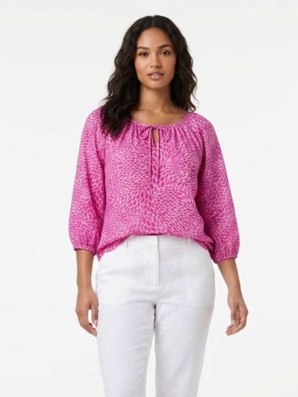 Express Semi Sheer 100% Silk Pink Patterned Peasant Top Size S